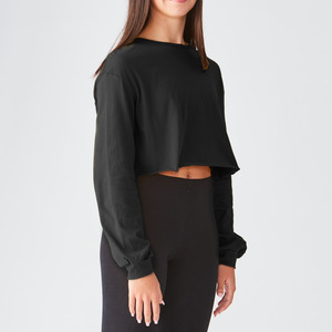 Studio Essentials Ladies Boxy Raw Edge Long Sleeve Crop T-Shirt